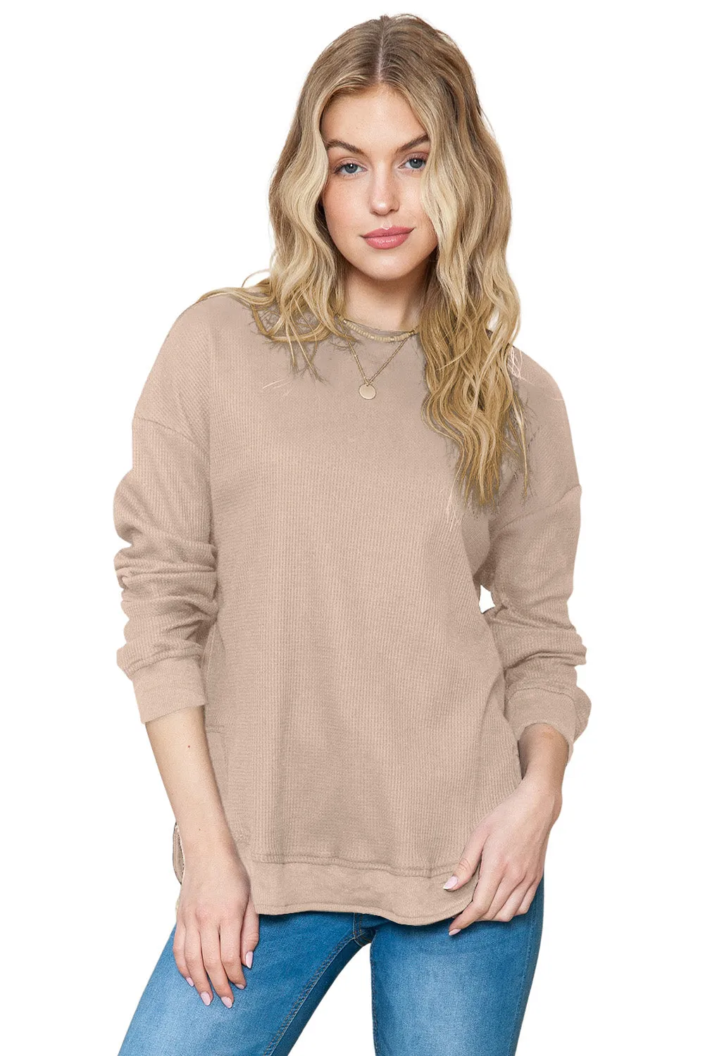 Women's Crew Neck Ribbed Trim Waffle Knit Top