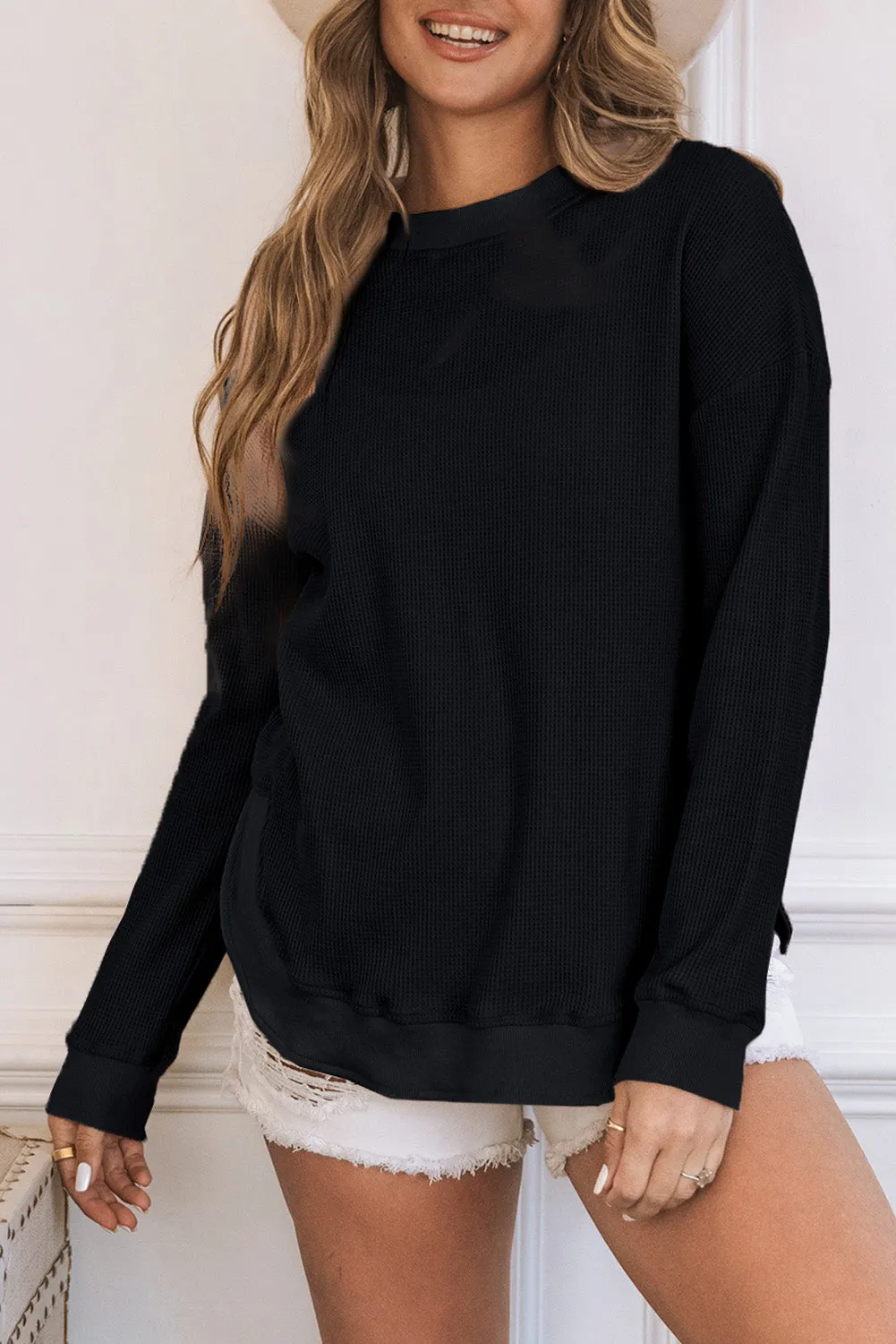 Women's Crew Neck Ribbed Trim Waffle Knit Top