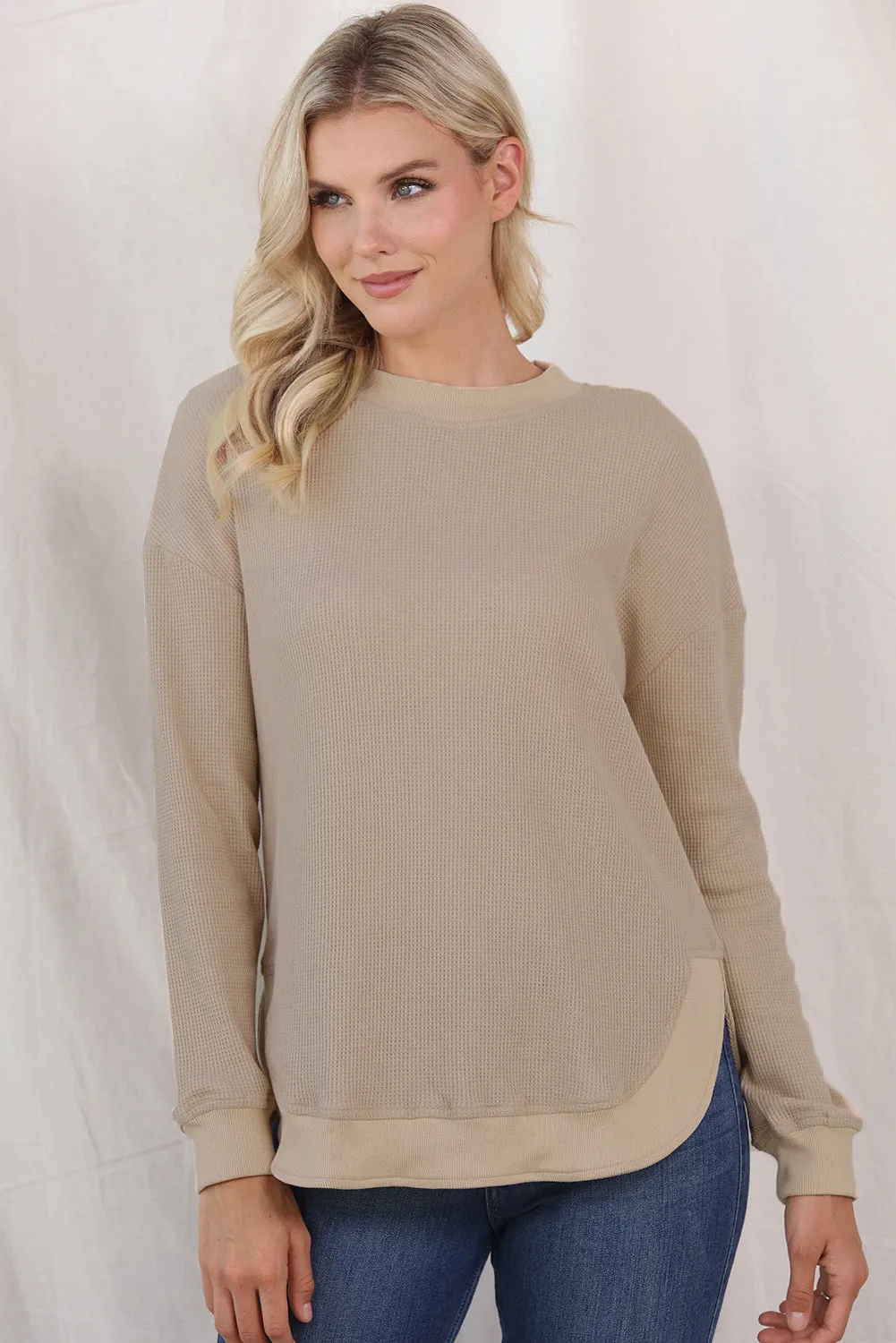 Women's Crew Neck Ribbed Trim Waffle Knit Top