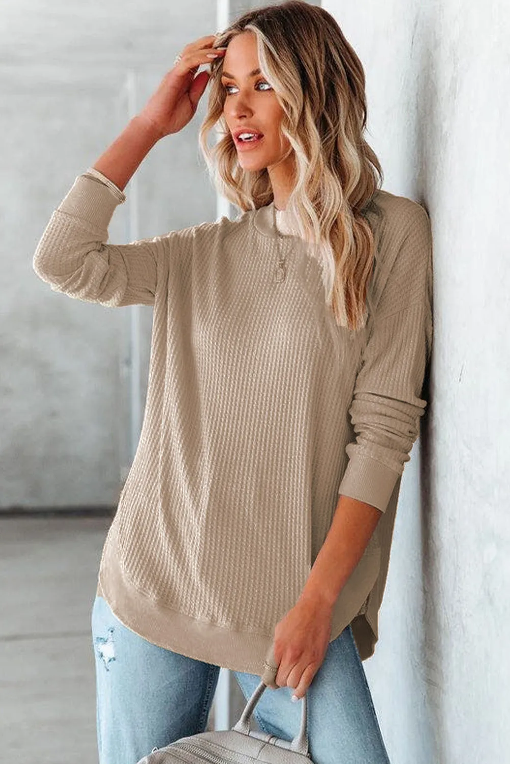 Women's Crew Neck Ribbed Trim Waffle Knit Top