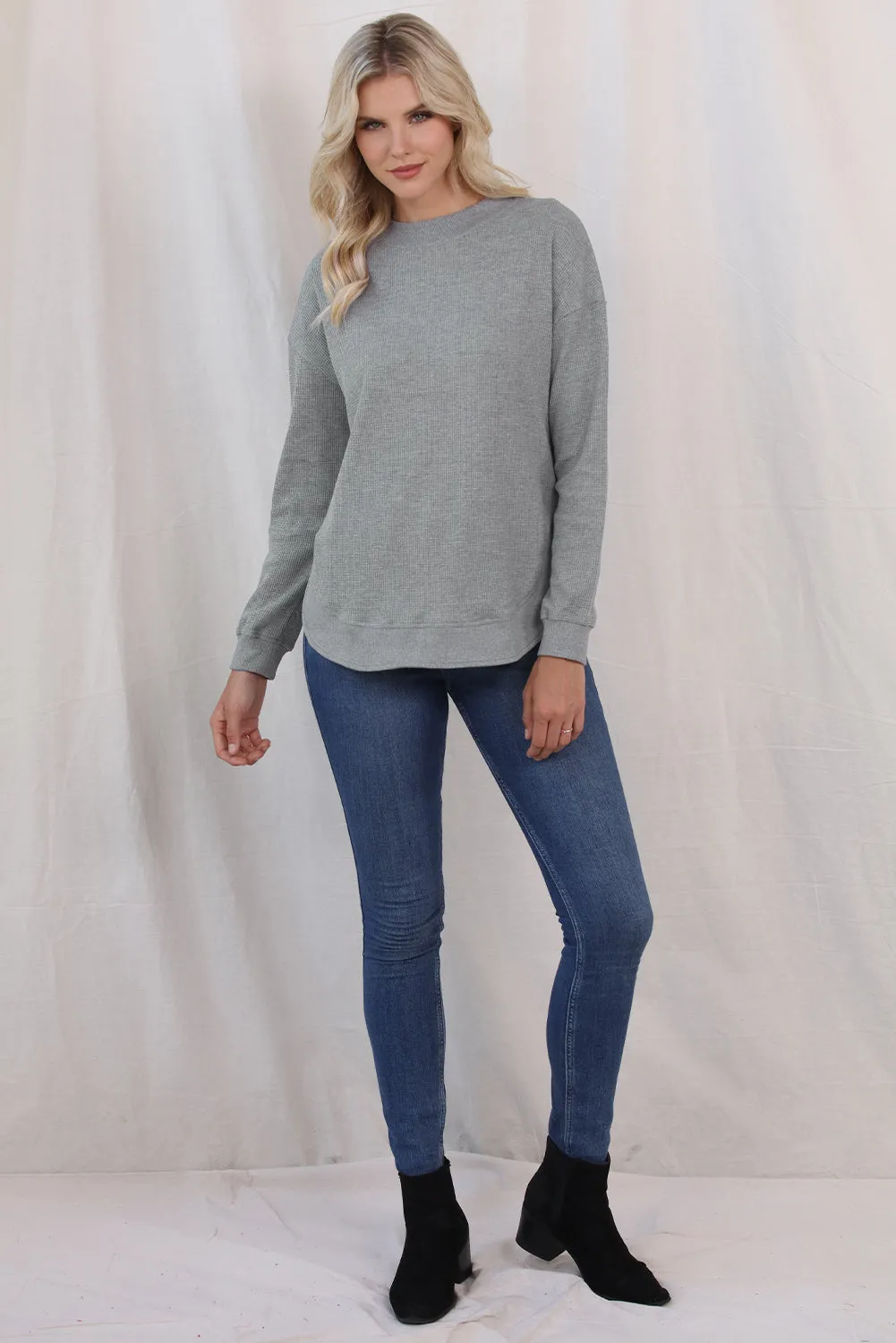 Women's Crew Neck Ribbed Trim Waffle Knit Top