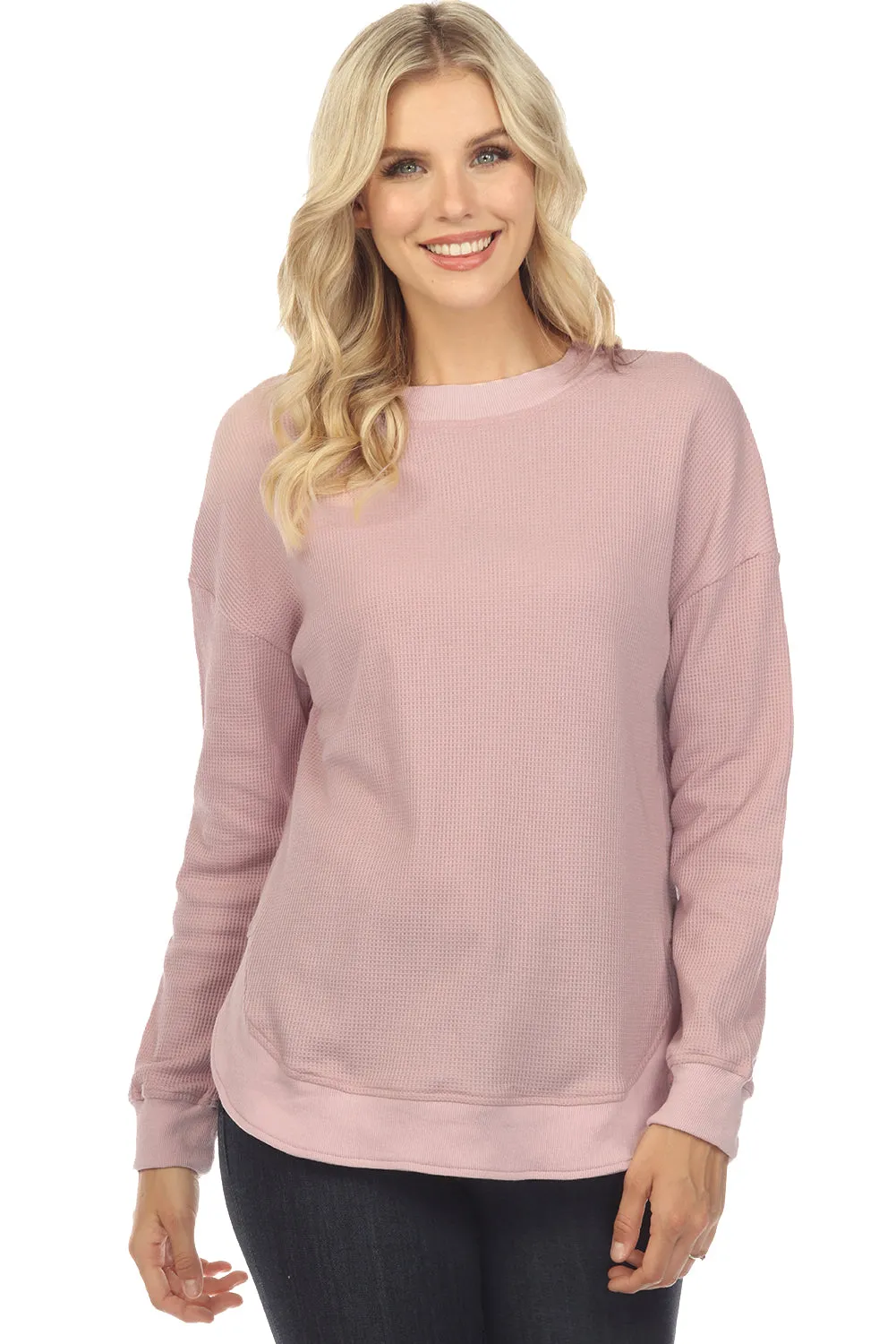 Women's Crew Neck Ribbed Trim Waffle Knit Top