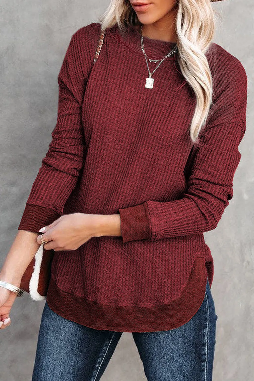 Women's Crew Neck Ribbed Trim Waffle Knit Top