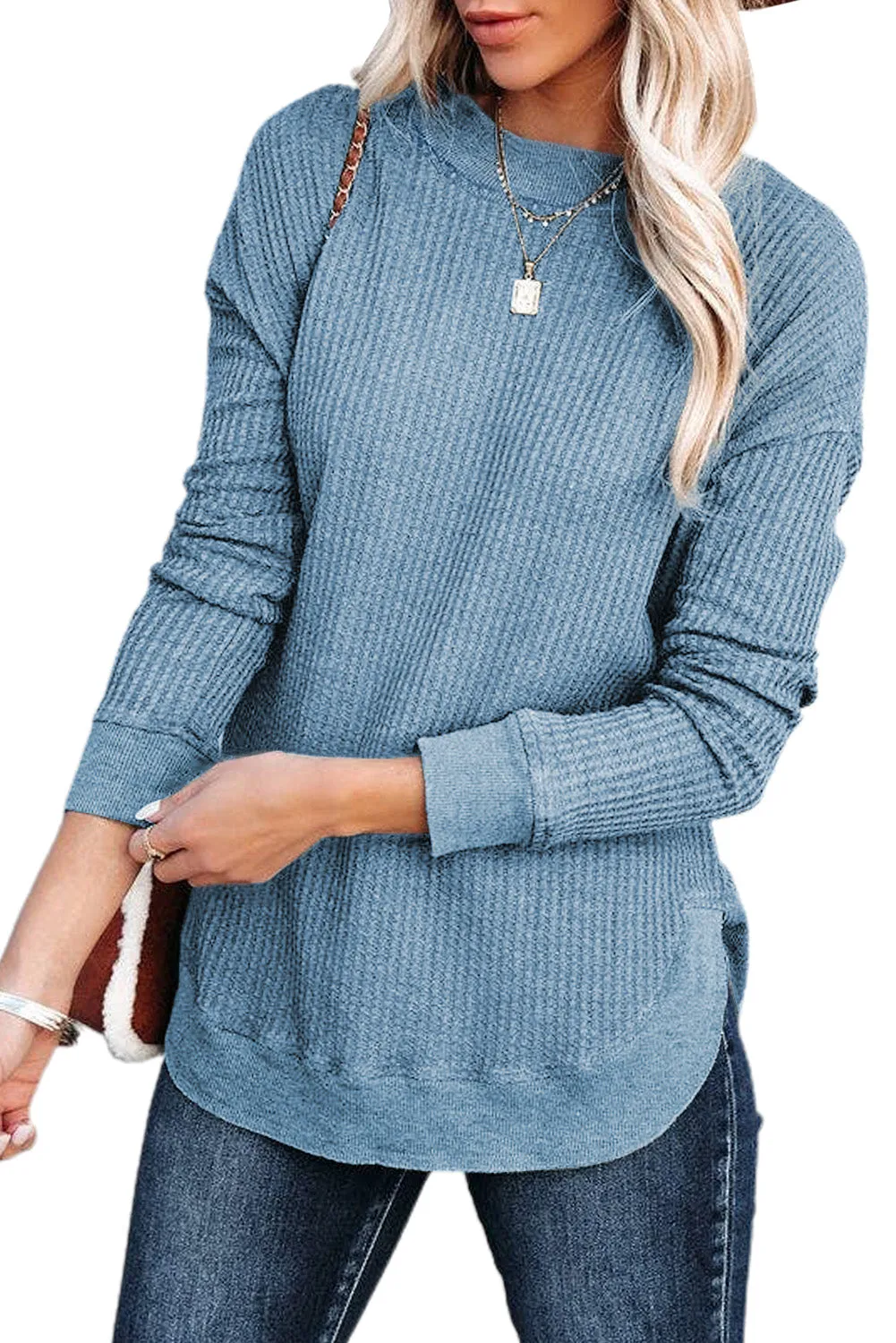 Women's Crew Neck Ribbed Trim Waffle Knit Top