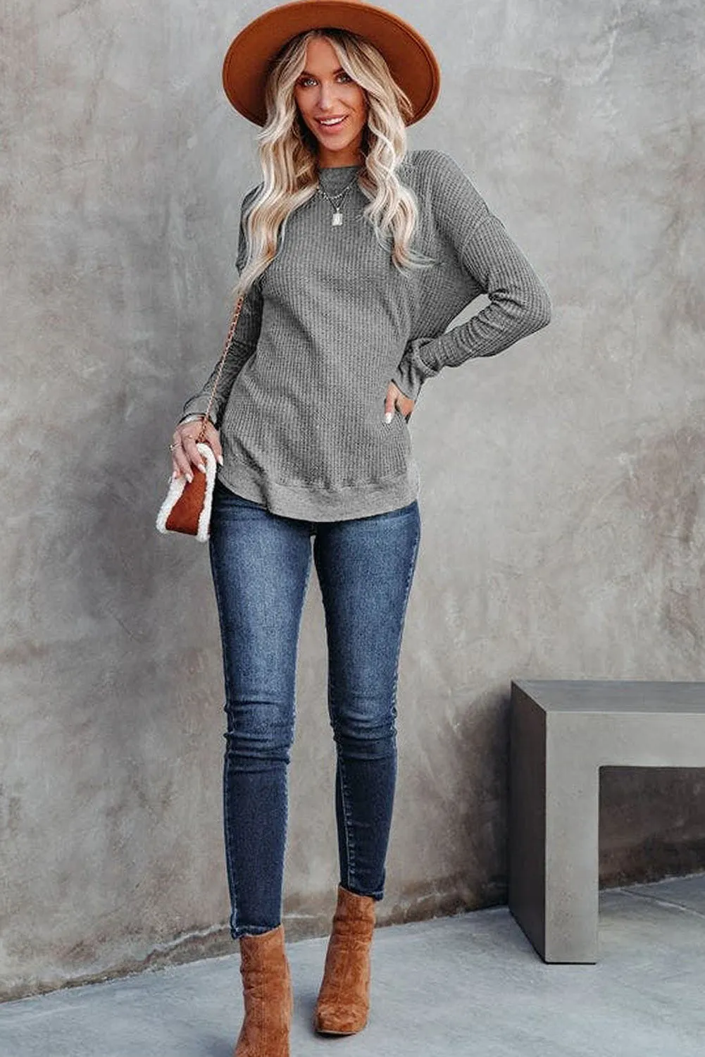 Women's Crew Neck Ribbed Trim Waffle Knit Top