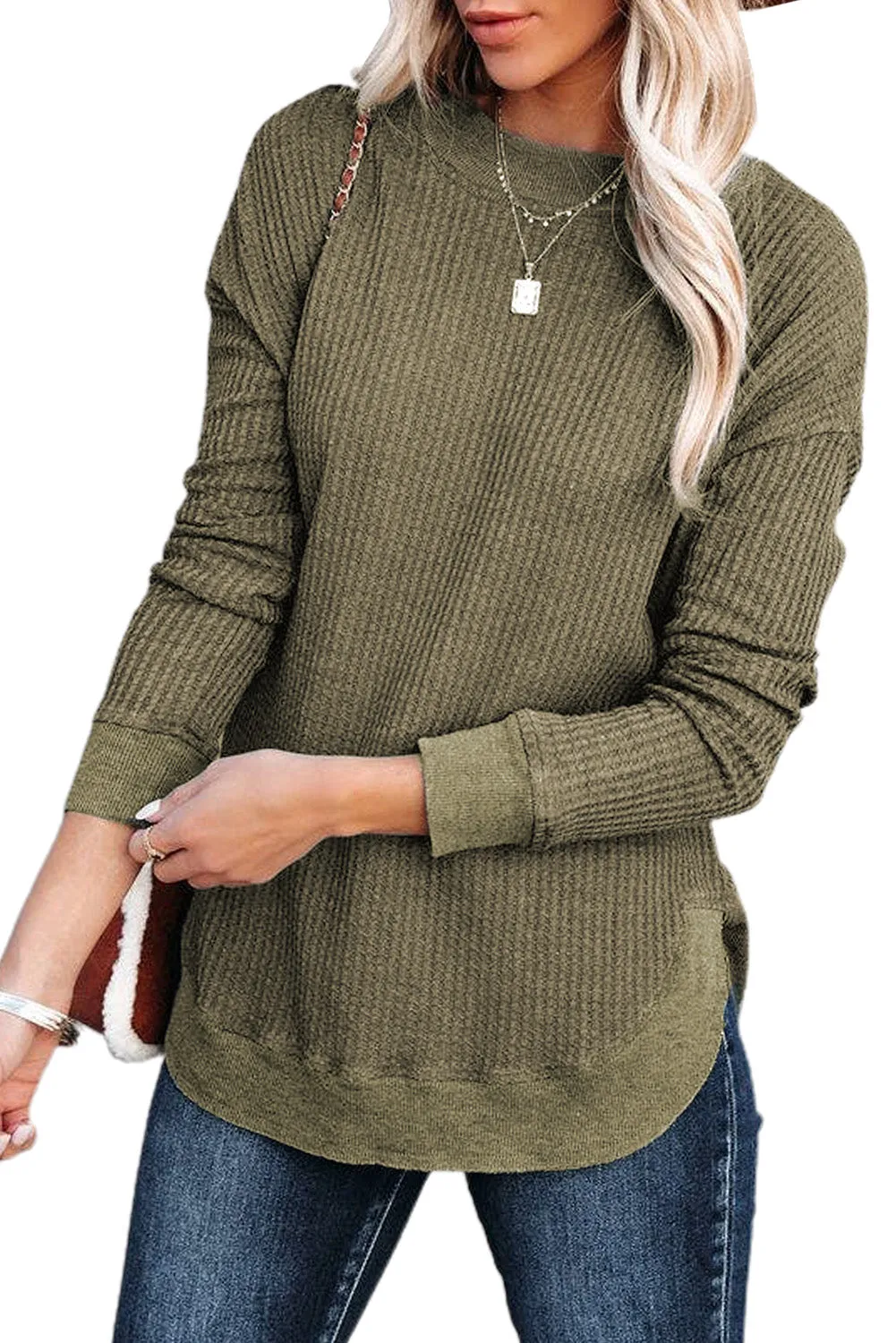 Women's Crew Neck Ribbed Trim Waffle Knit Top