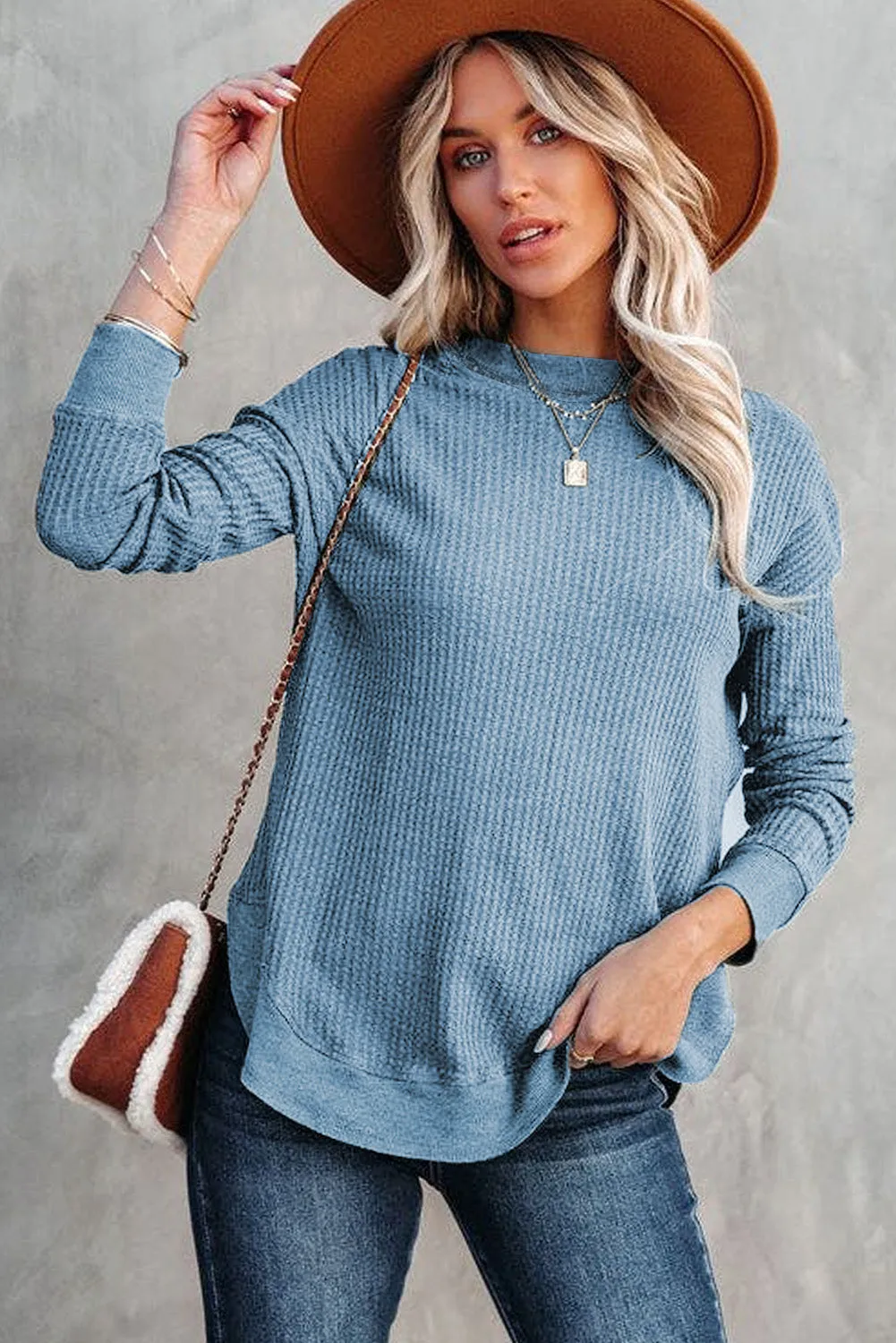 Women's Crew Neck Ribbed Trim Waffle Knit Top