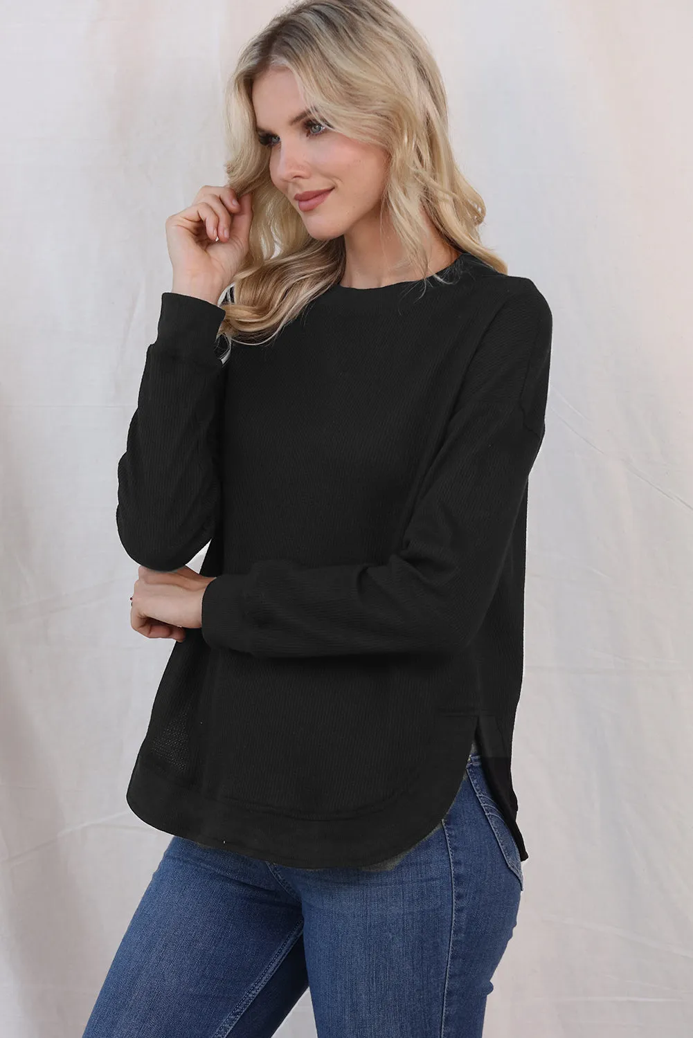 Women's Crew Neck Ribbed Trim Waffle Knit Top