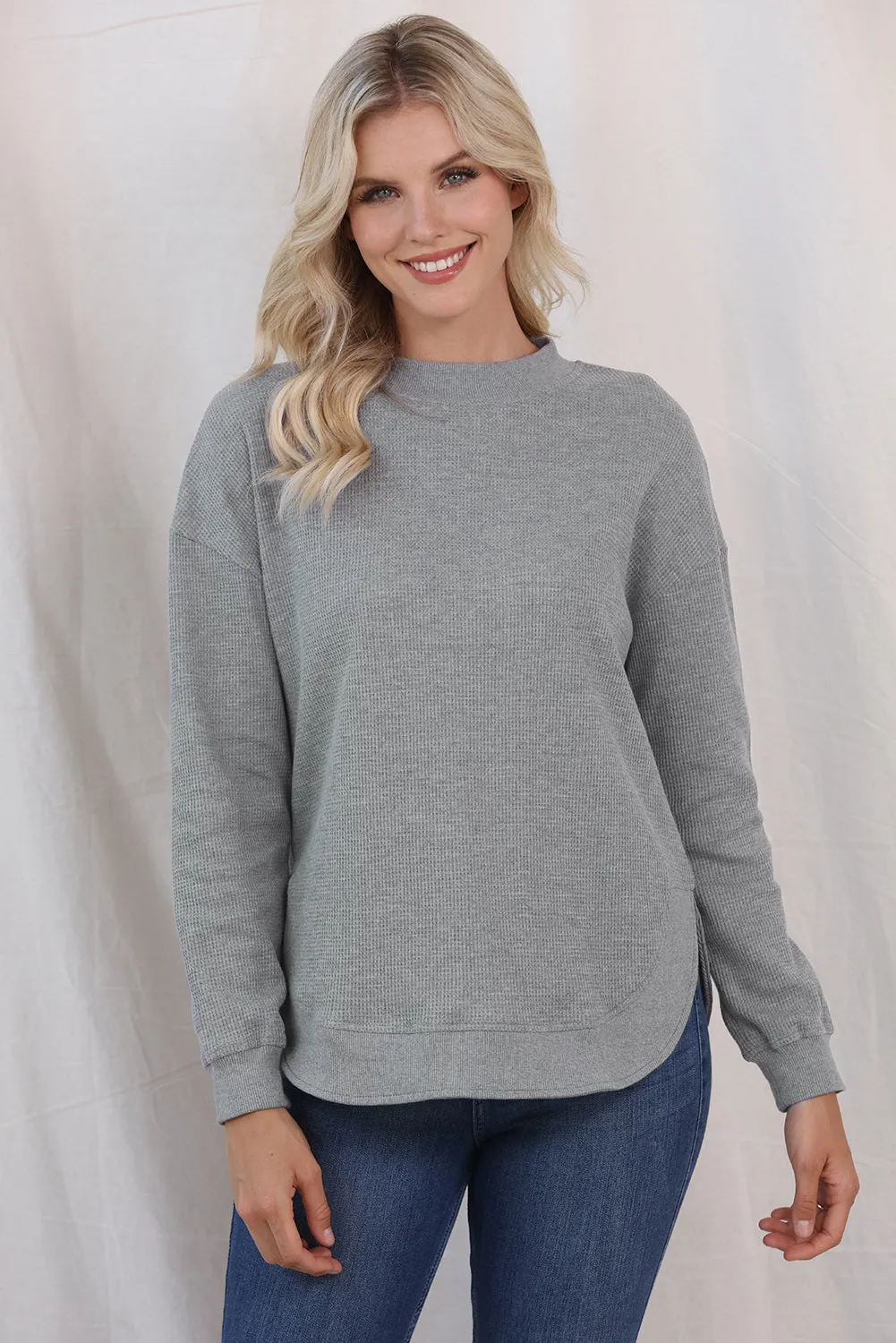 Women's Crew Neck Ribbed Trim Waffle Knit Top