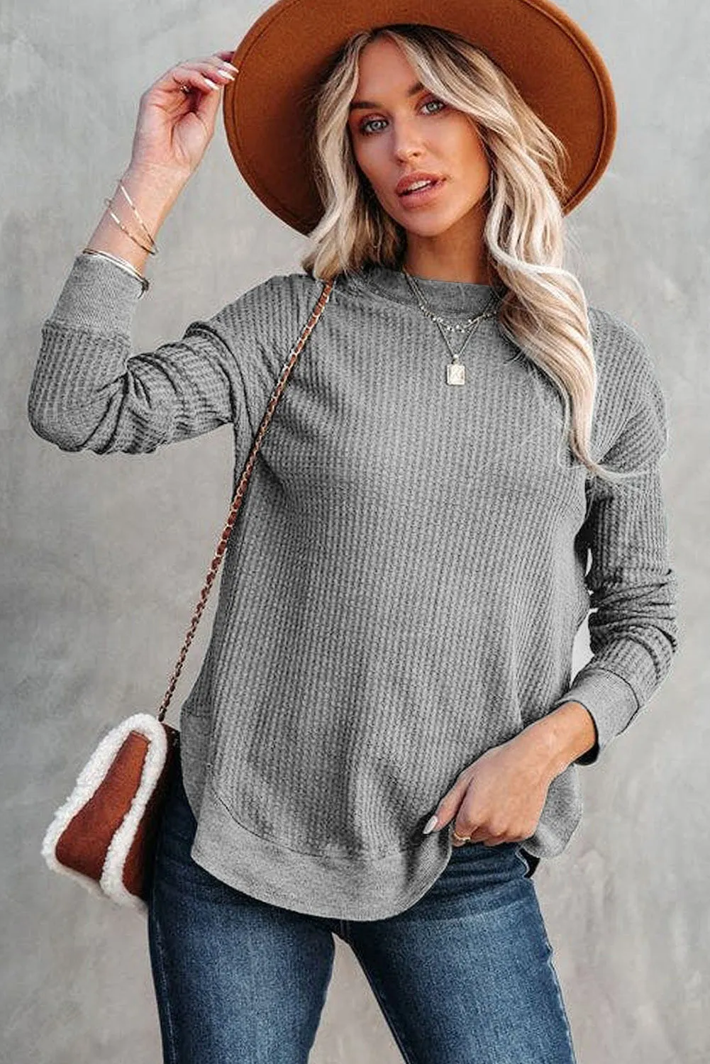 Women's Crew Neck Ribbed Trim Waffle Knit Top