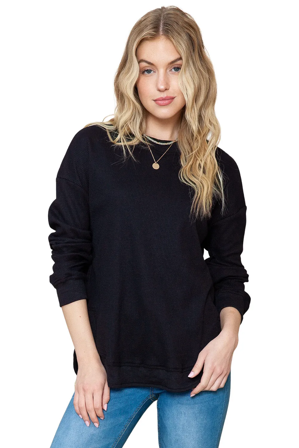 Women's Crew Neck Ribbed Trim Waffle Knit Top