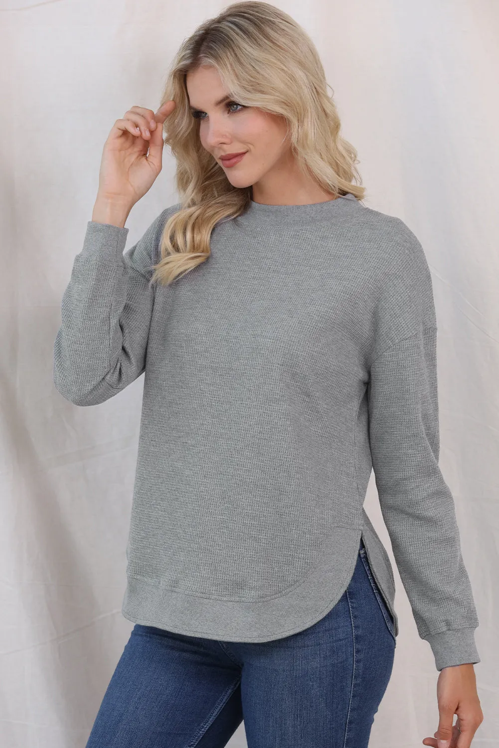 Women's Crew Neck Ribbed Trim Waffle Knit Top