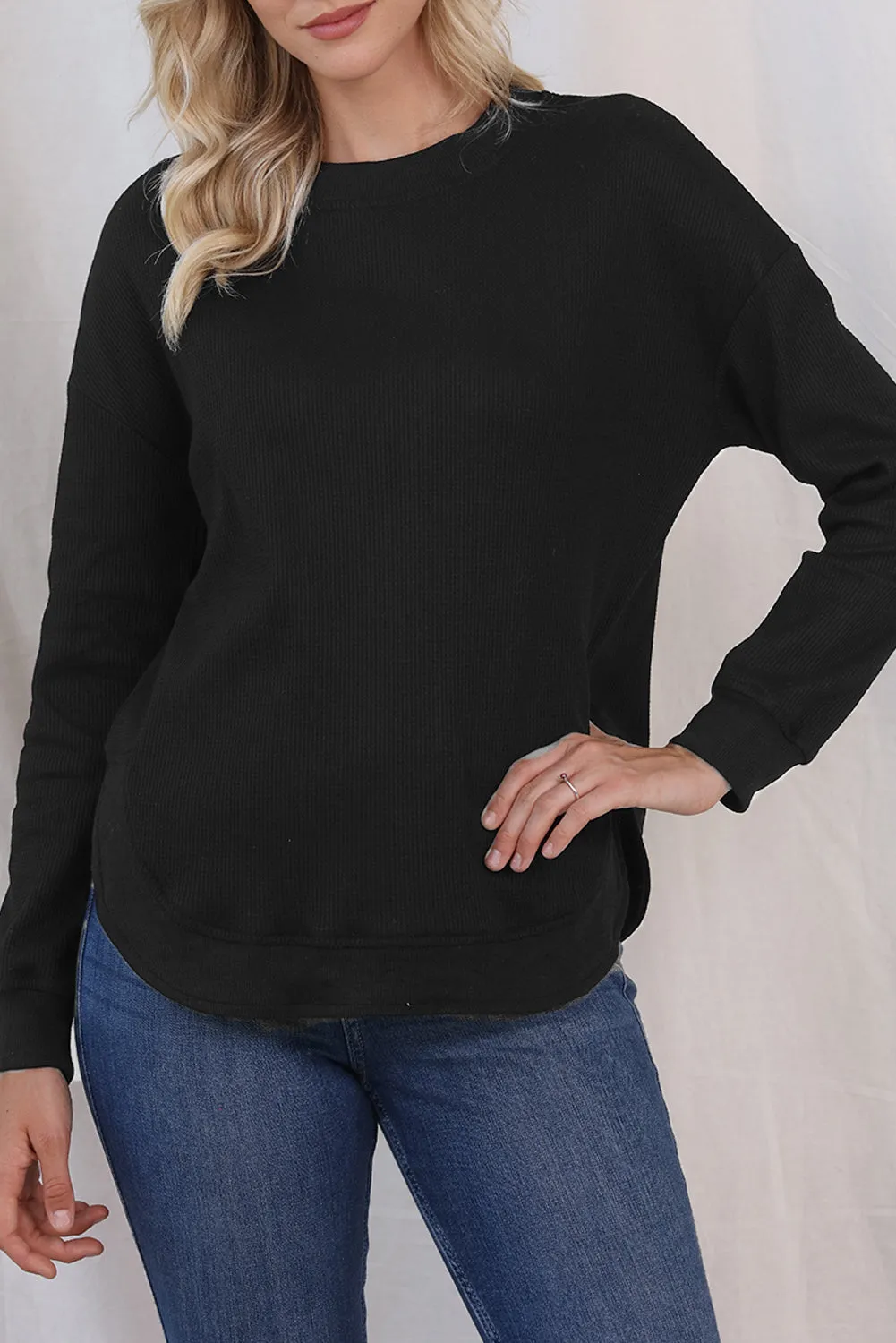 Women's Crew Neck Ribbed Trim Waffle Knit Top