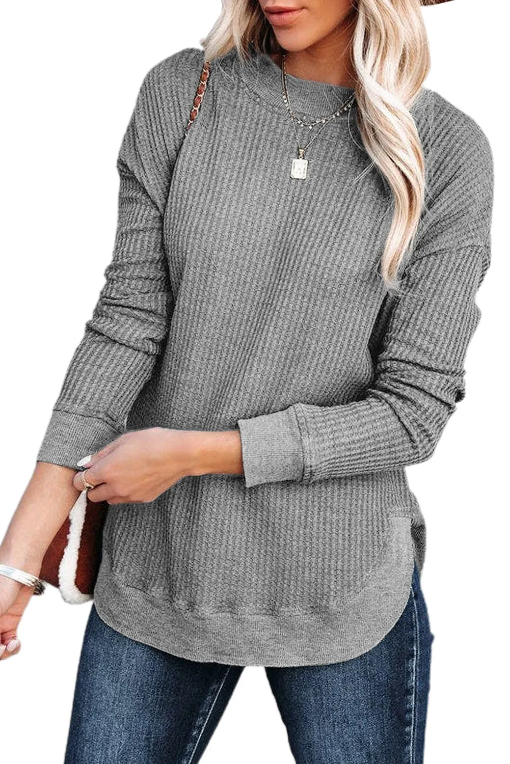 Women's Crew Neck Ribbed Trim Waffle Knit Top