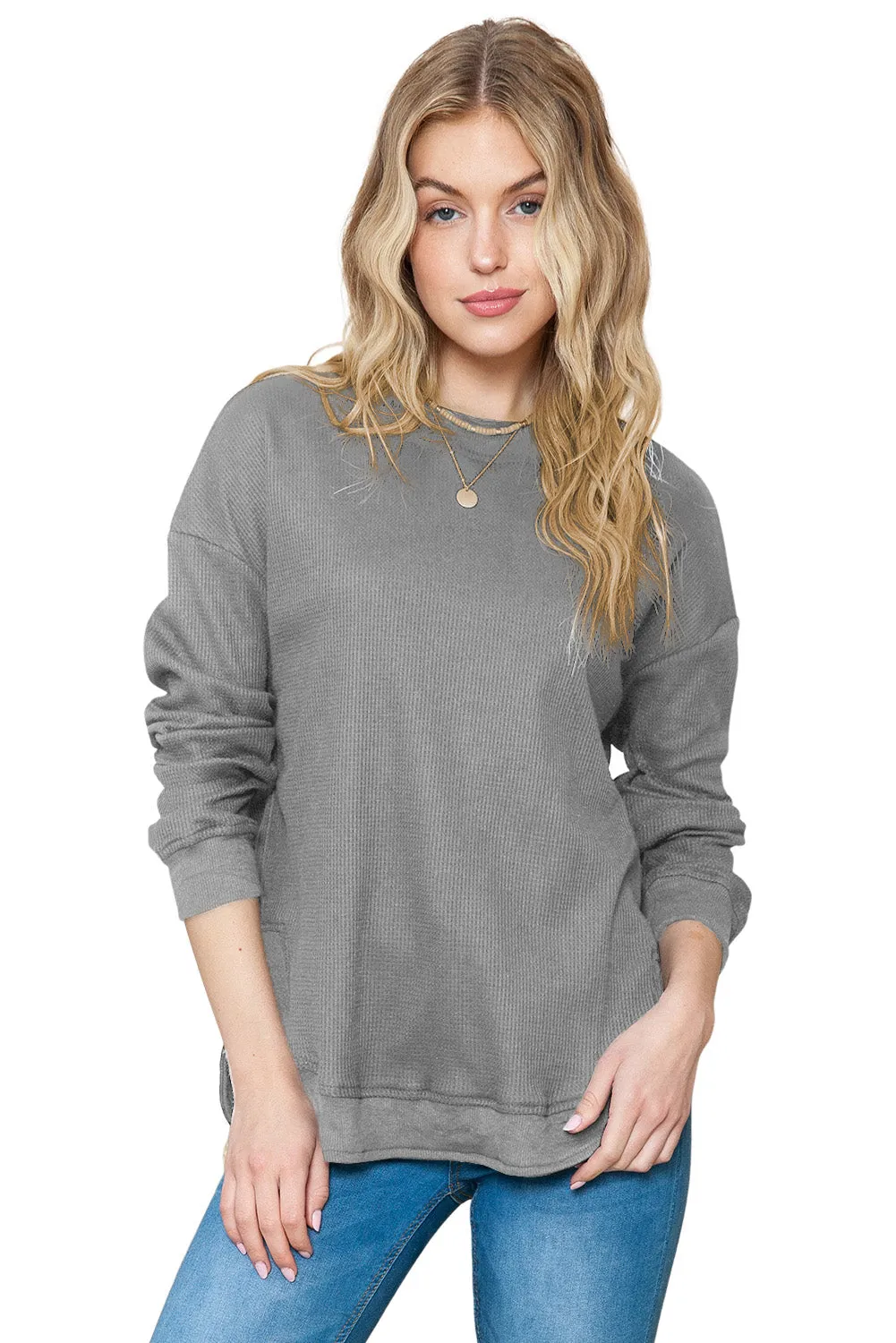 Women's Crew Neck Ribbed Trim Waffle Knit Top