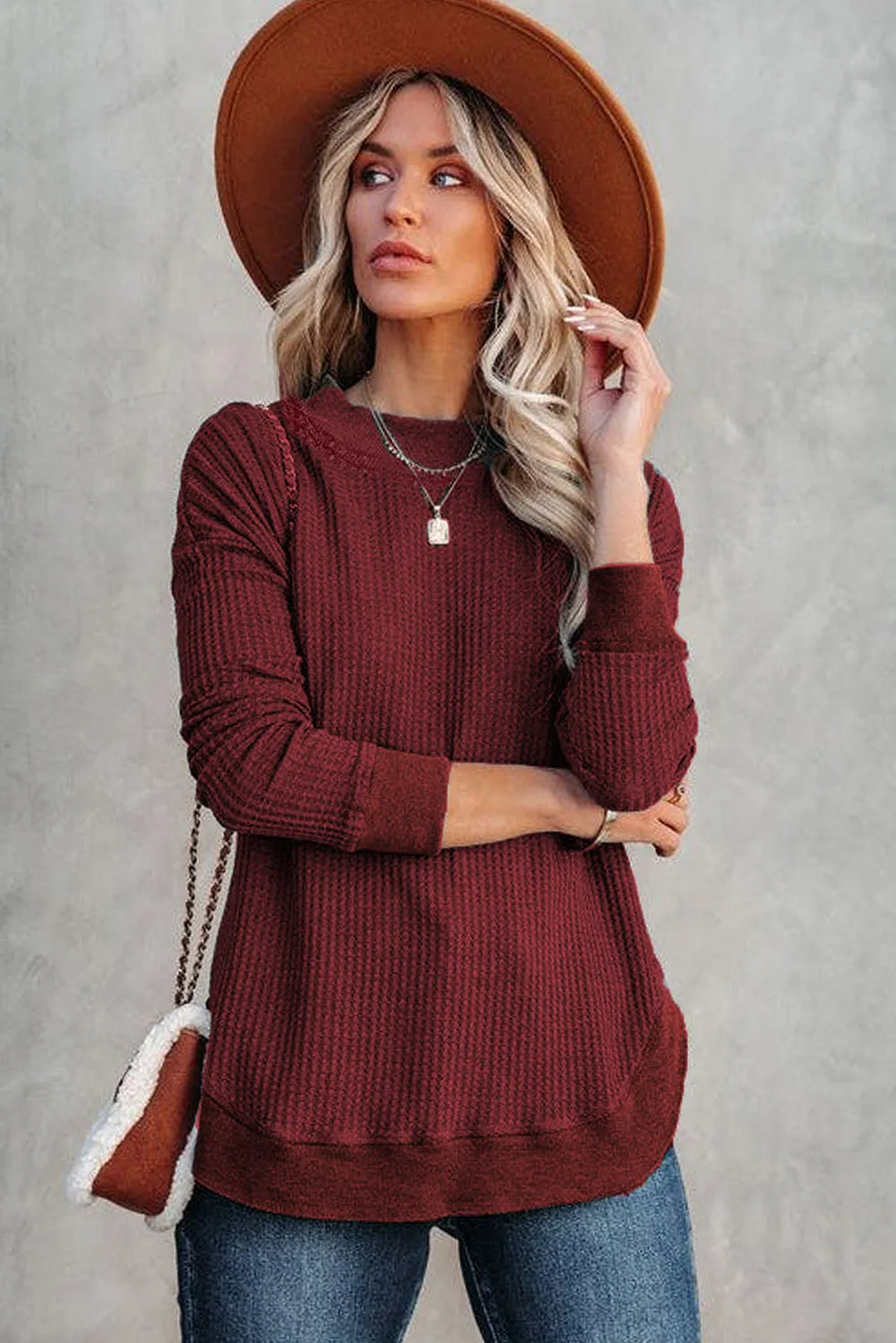 Women's Crew Neck Ribbed Trim Waffle Knit Top