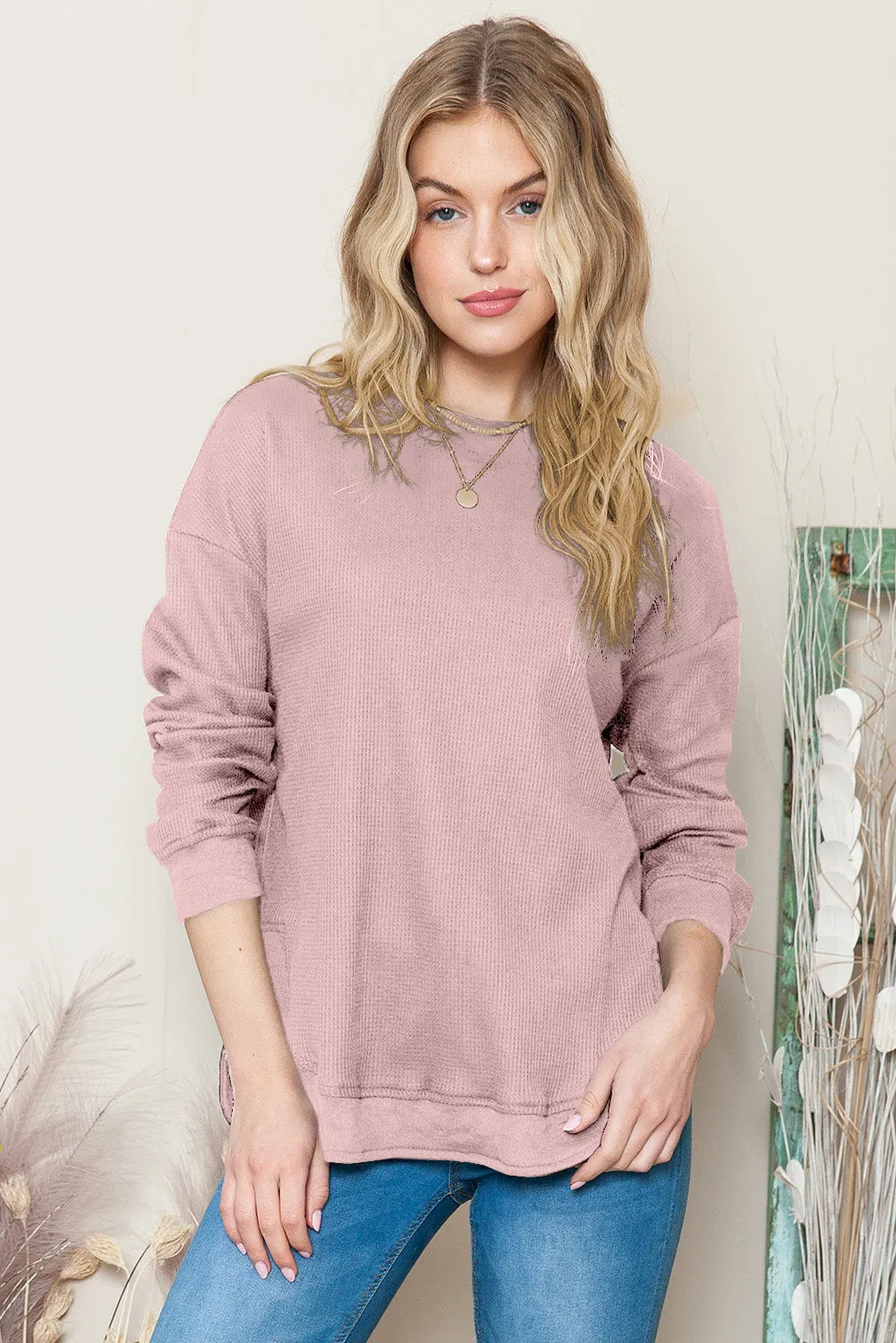 Women's Crew Neck Ribbed Trim Waffle Knit Top