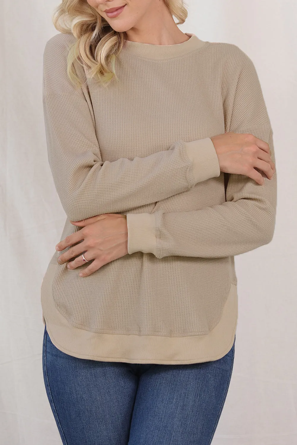 Women's Crew Neck Ribbed Trim Waffle Knit Top