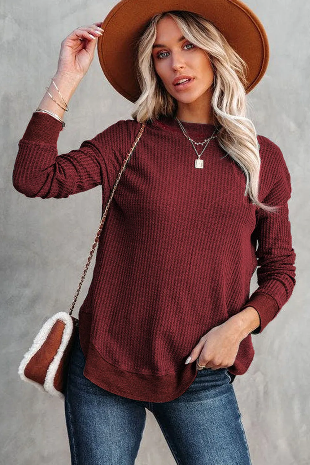 Women's Crew Neck Ribbed Trim Waffle Knit Top