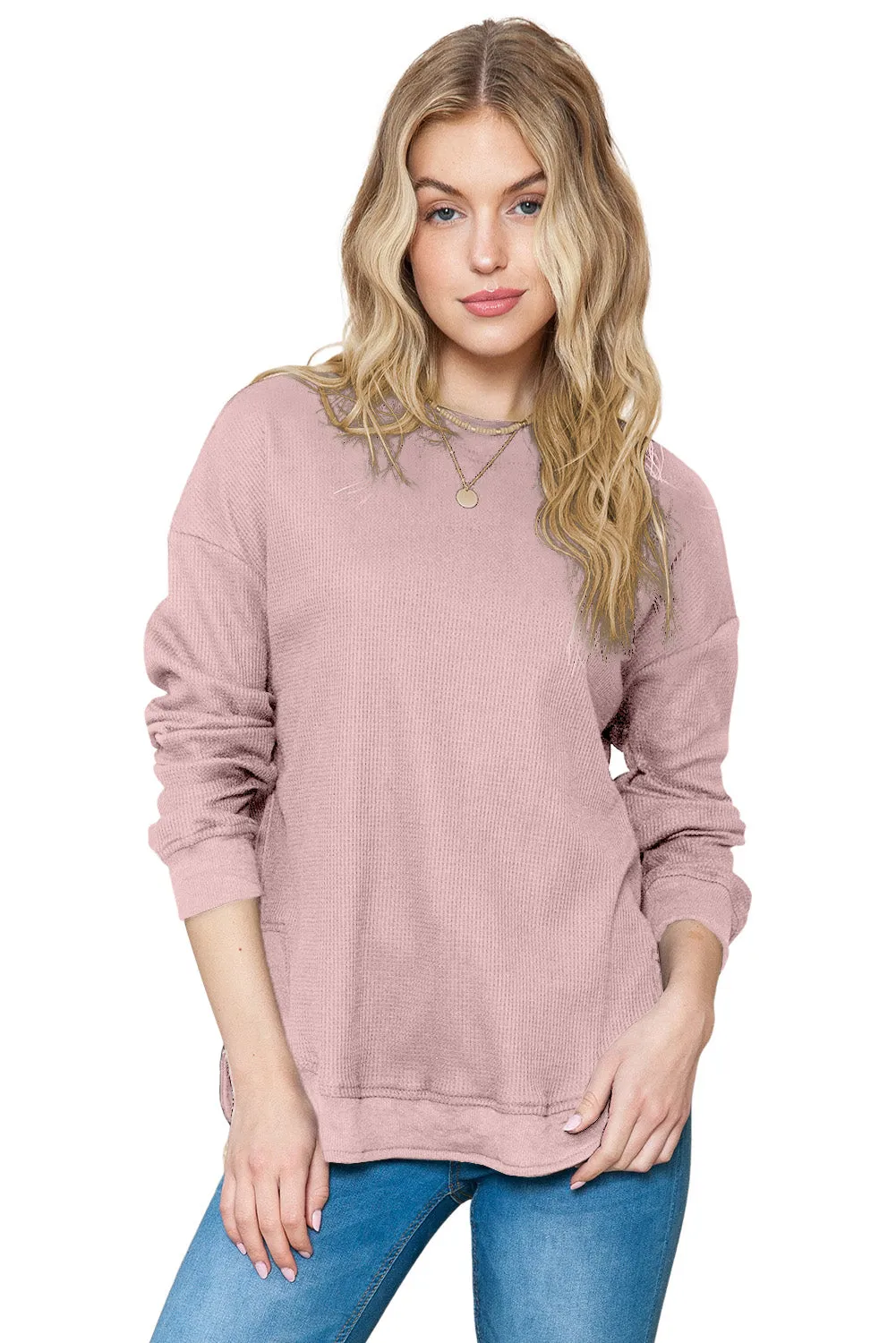 Women's Crew Neck Ribbed Trim Waffle Knit Top