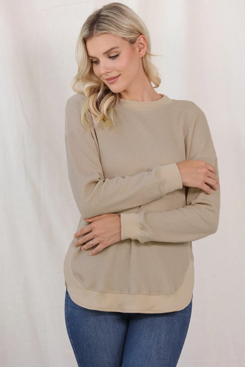 Women's Crew Neck Ribbed Trim Waffle Knit Top