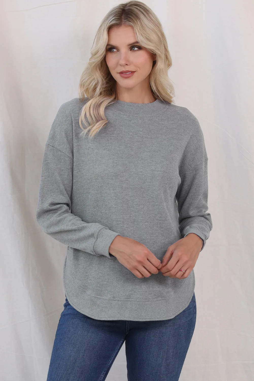 Women's Crew Neck Ribbed Trim Waffle Knit Top