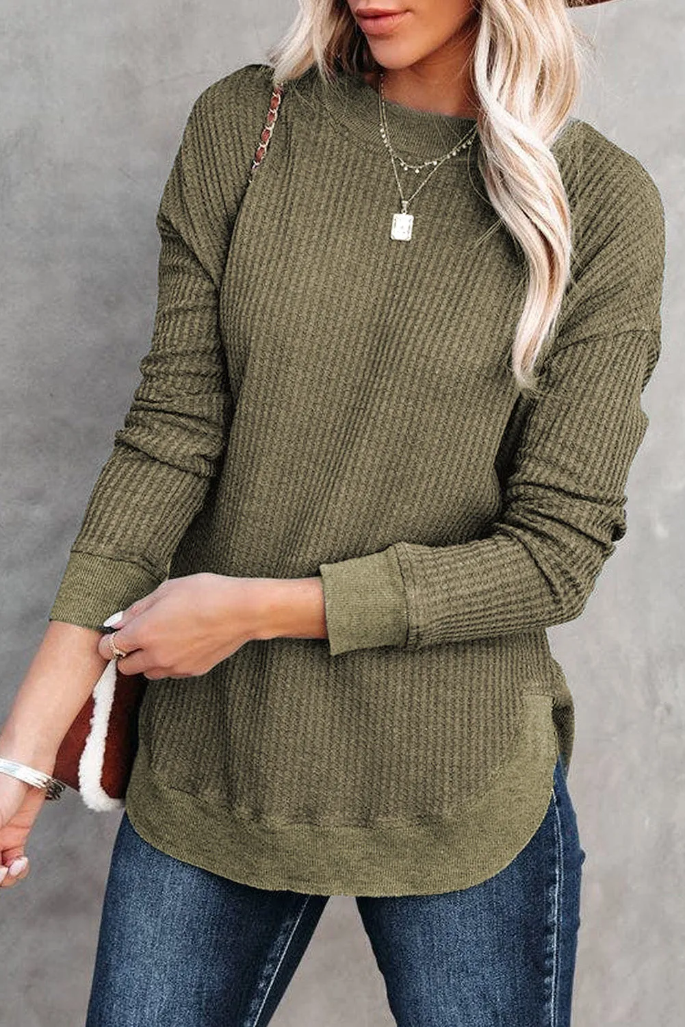 Women's Crew Neck Ribbed Trim Waffle Knit Top