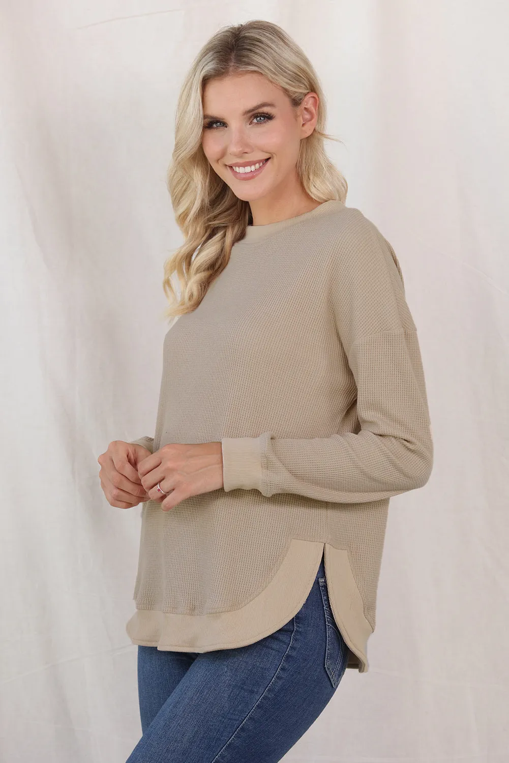 Women's Crew Neck Ribbed Trim Waffle Knit Top