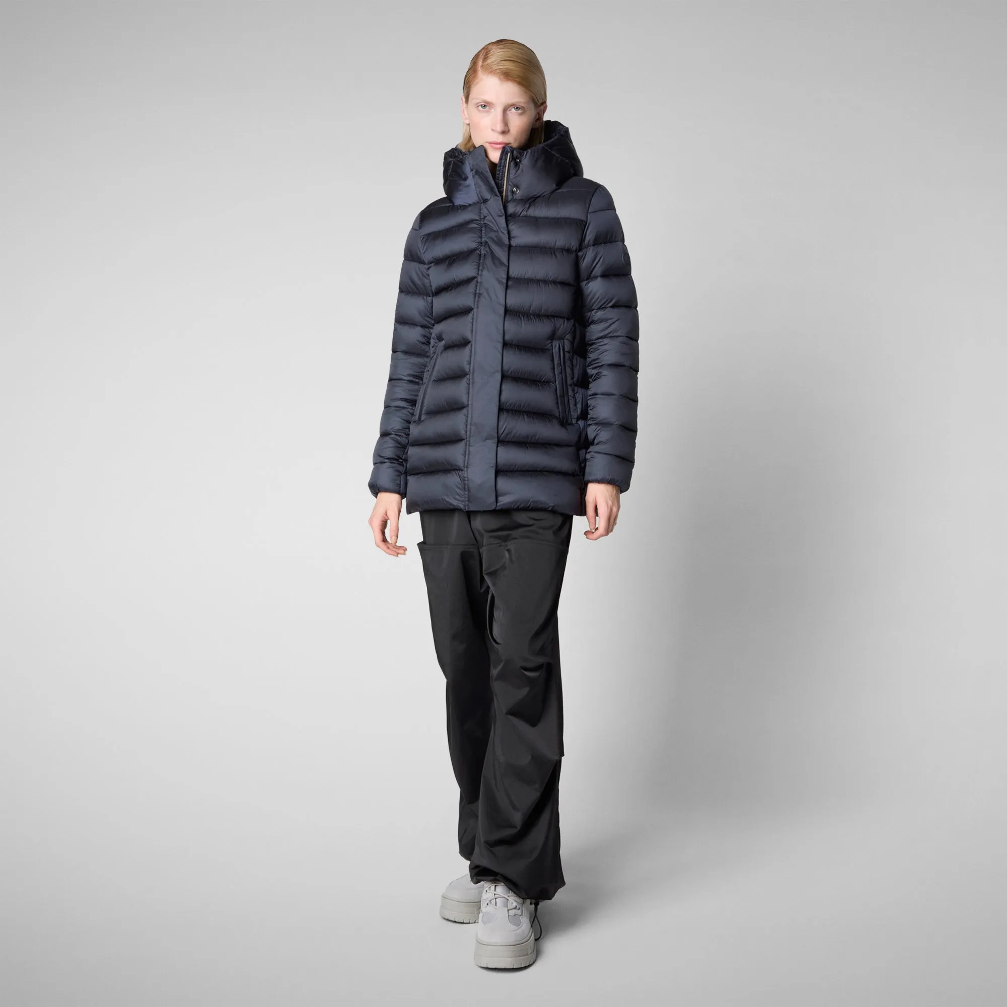 Women's Hooded Animal free Puffer Coat Drimia in Blue Black