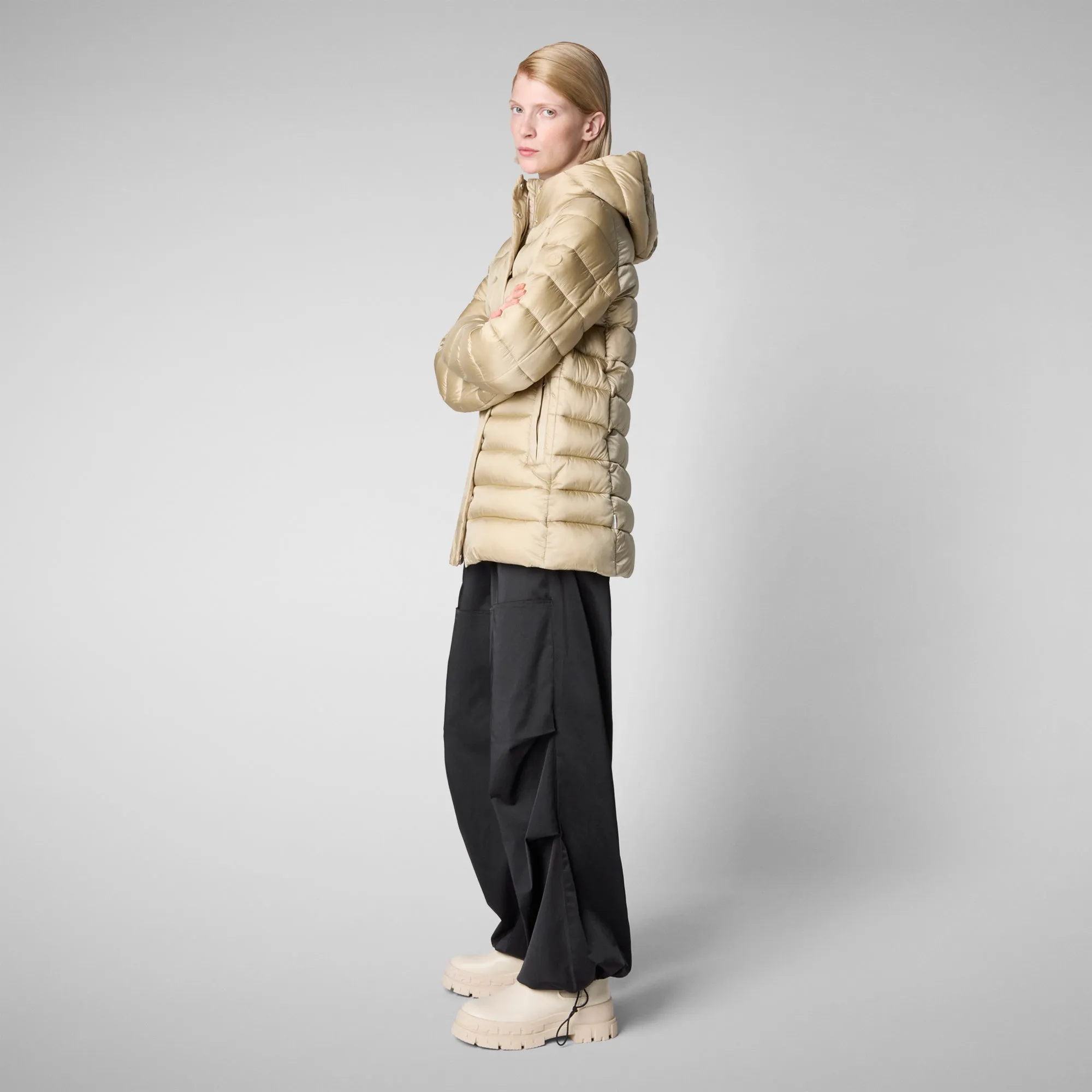 Women's Hooded Animal free Puffer Coat Drimia in Wood Beige