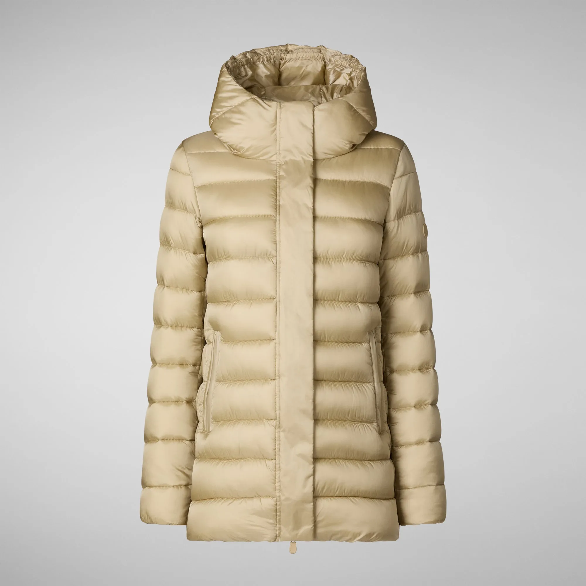 Women's Hooded Animal free Puffer Coat Drimia in Wood Beige