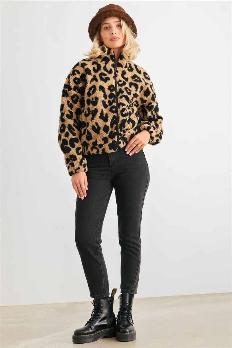 Women's Leopard teddy zip-up two pocket jacket