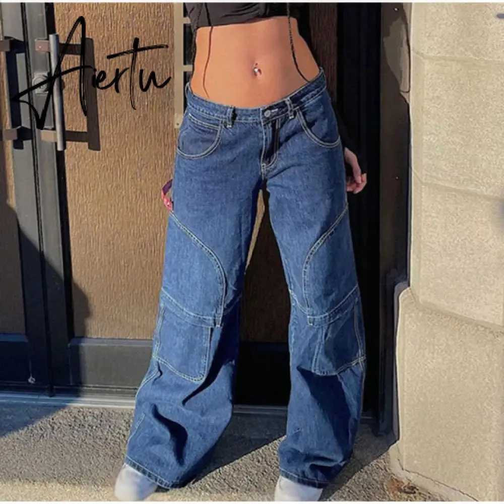 Y2K Low Rise Staright Cargo Jeans Wrap Belt Retro Denim Pants Ruched Drawstring Women Denim Trousers Street Indie Aesthetic Jean