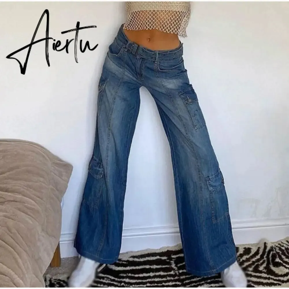 Y2K Low Rise Staright Cargo Jeans Wrap Belt Retro Denim Pants Ruched Drawstring Women Denim Trousers Street Indie Aesthetic Jean