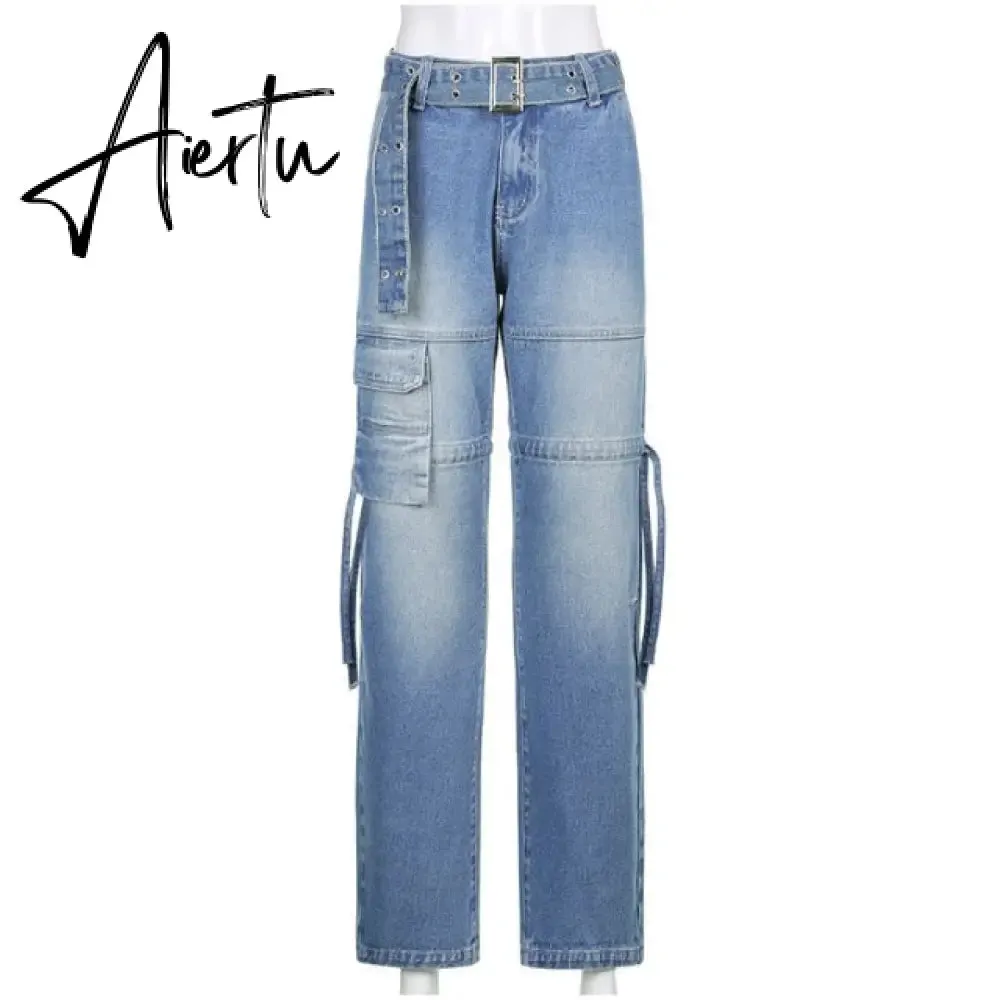 Y2K Low Rise Staright Cargo Jeans Wrap Belt Retro Denim Pants Ruched Drawstring Women Denim Trousers Street Indie Aesthetic Jean