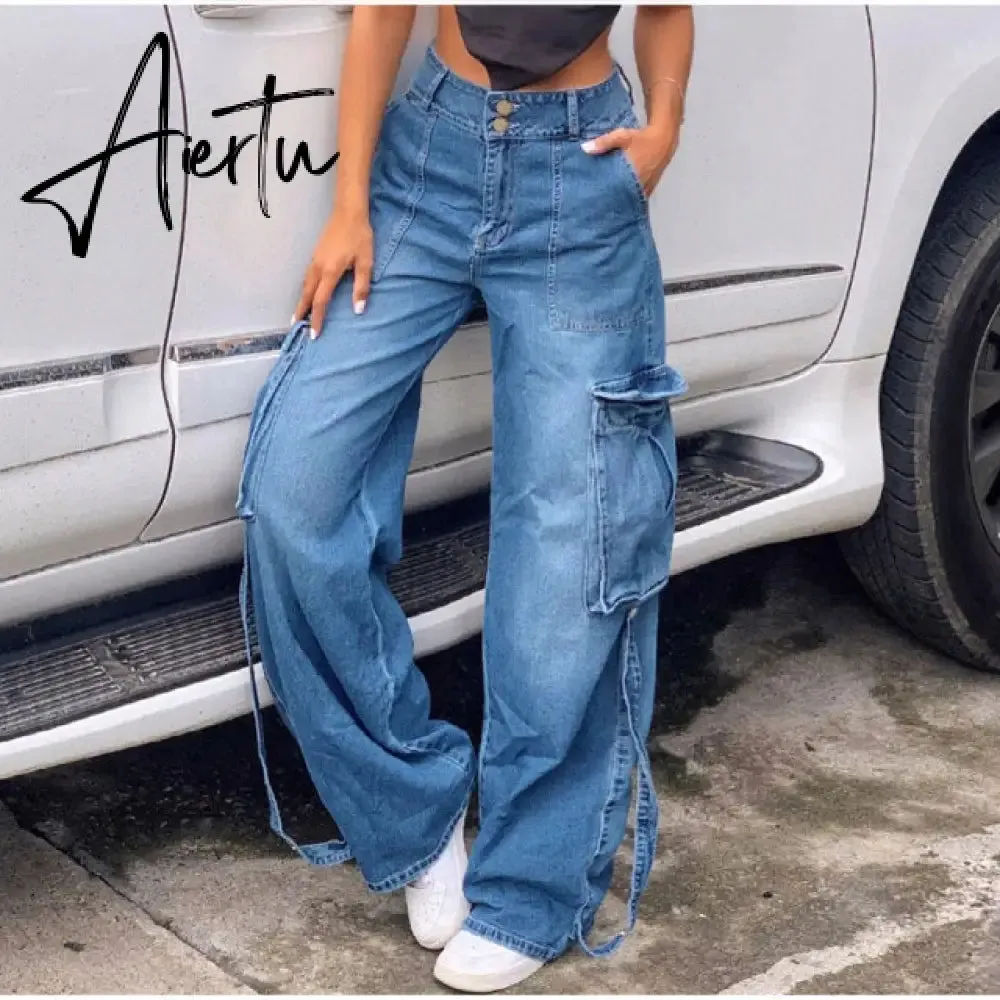 Y2K Low Rise Staright Cargo Jeans Wrap Belt Retro Denim Pants Ruched Drawstring Women Denim Trousers Street Indie Aesthetic Jean